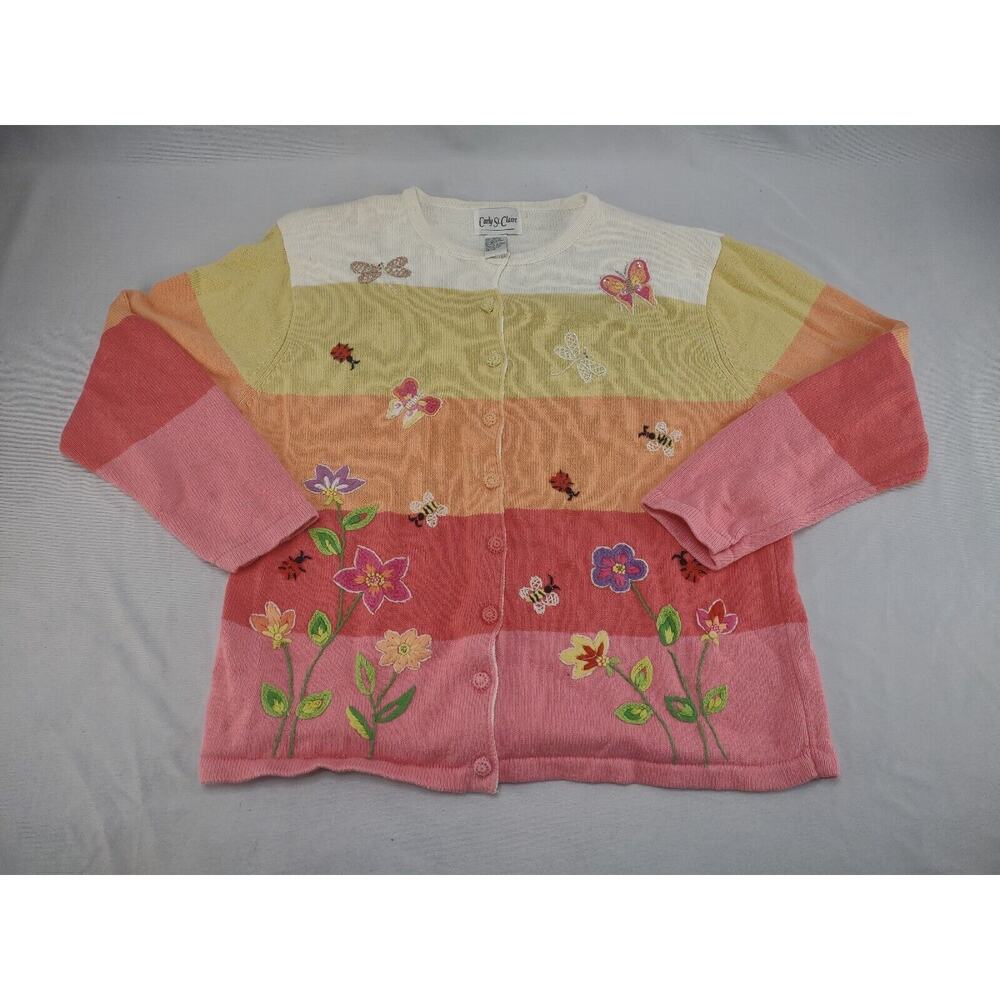 Carly St Claire Womens Size‎ L Cardigan Sweater Floral Flowers Insects Bees